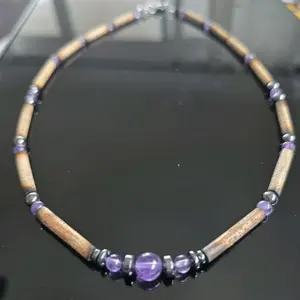 Handmade Bamboo Necklace with Amethyst & Hematite Beads 16 Inch Choker for Shower & Swimming Wearable Jewelry