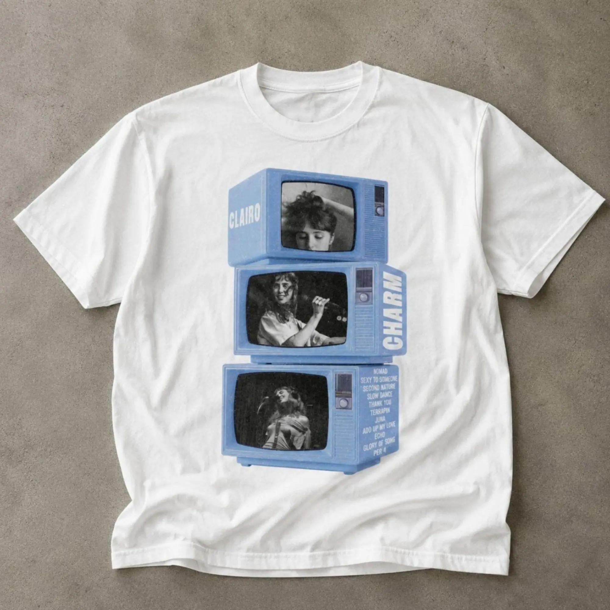 Vintage Clairo Charm Album Stacked TV T-Shirt - Retro Indie Pop White Graphic Tee, Unisex Vintage Graphic Tees Gothic Grunge Y2K Emo Scene Amity Affliction Style Clothes Men Women Streetwear Summer