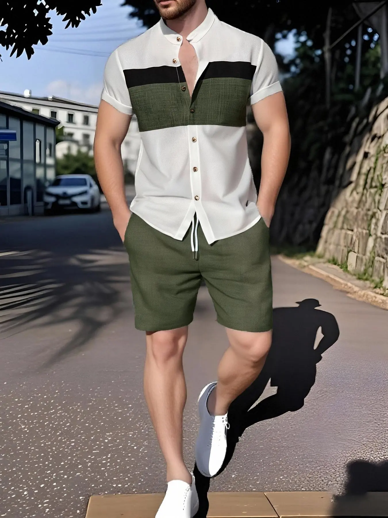 Two-Piece Set Men's Regular Fit Top & Shorts, Casual Top & Track Shorts, Men's Clothing for Daily Wear