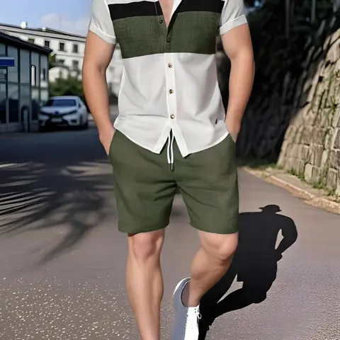 Two-Piece Set Men's Regular Fit Top & Shorts Casual Top & Track Shorts, Men's Clothing for Daily Wear Style Set