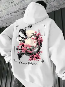 Men's Casual Hooded Sweatshirt with Dragon & Cherry Blossom Print, Japanese Style Drawstring Pocket Long Sleeve Pullover Graphic Print Hoodie for Fall Winter