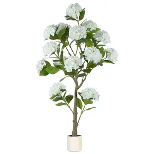 5ft White Hydrangea Artificial Trees: Real Touch Faux Hydrangeas Flower Tree with Pot for Front Porch Planters Decoration Outdoor - Fake Silk Floral Plant for Home Patio Entrance Decor Indoor