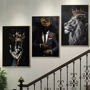 3PCS Black African Mural Gold Crown Wall Decoration King Painting African American Canvas Prints with Wooden Frame Modern Art Design Home Room Office Decoration Artwork Wall Hanging Painting