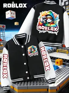 Boys Fall Winter Roblox Creative Cartoon Print Jacket, Short Baseball Vest, Comfortable Sport Casual Outerwear, School Season Gift, Letter Print Jacket
