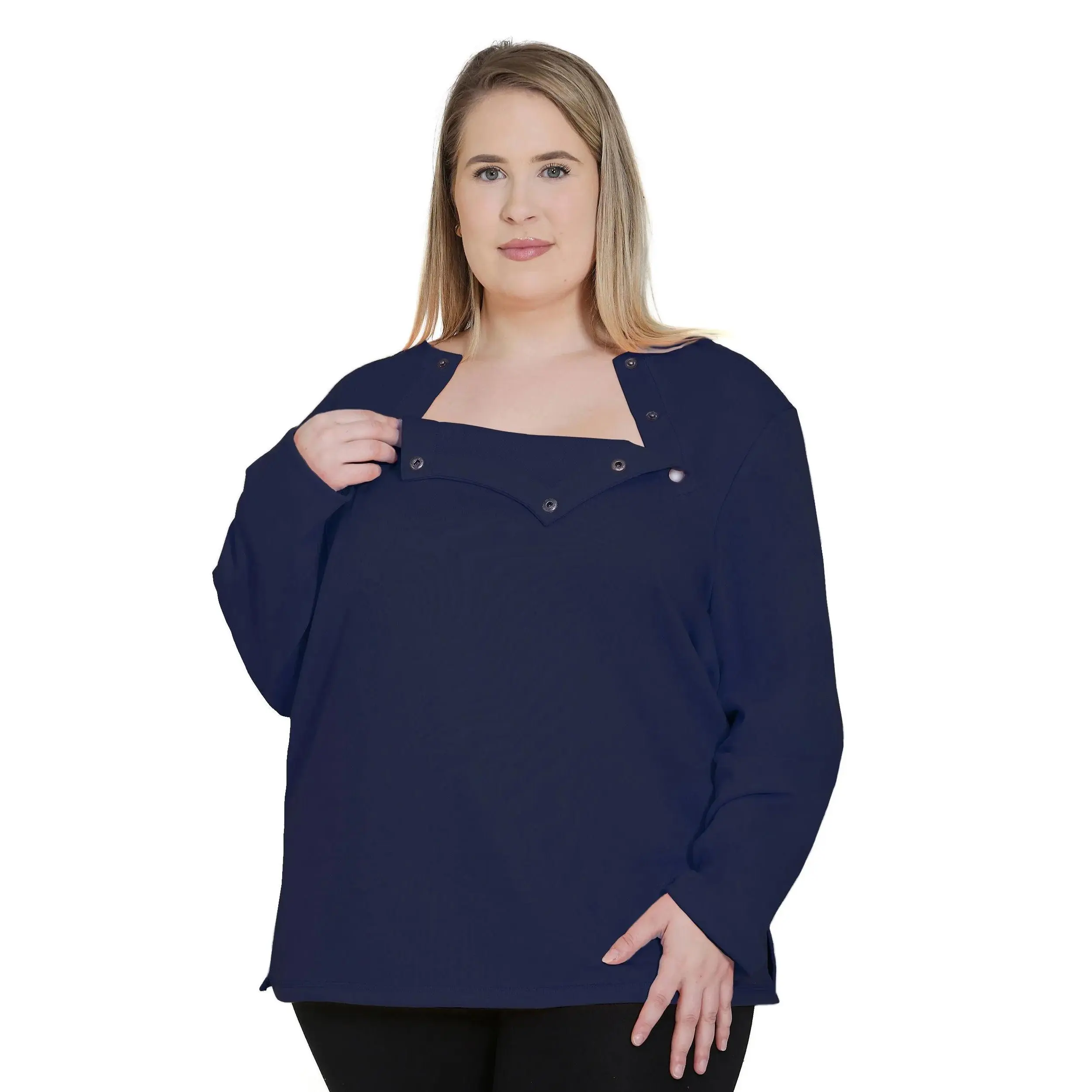 Plus Size Women’s Adaptive Chemo & Dialysis Sweatshirt – Chest Port Access – Navy | Comfortable Infusion & Treatment Top – Wear 2 Conquer