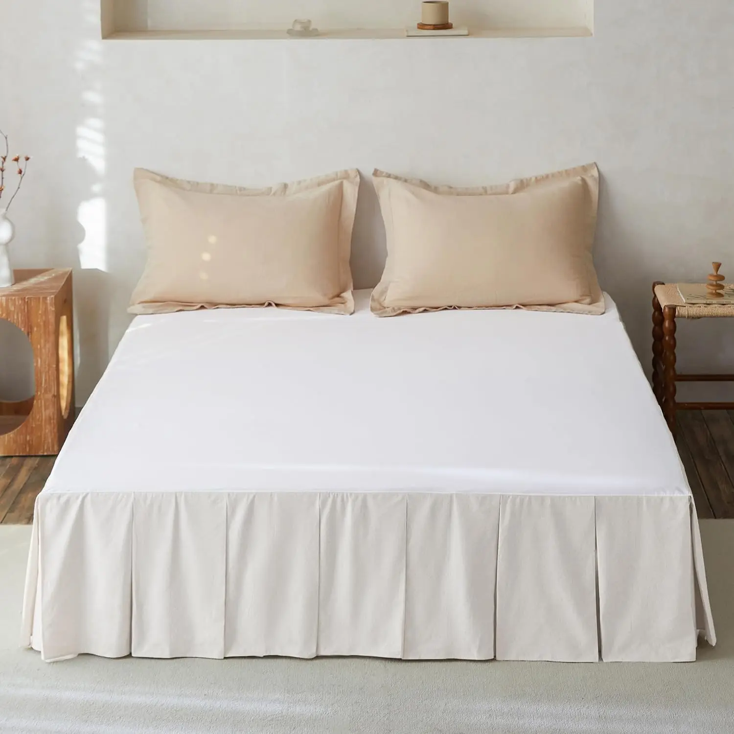 Linen Pleated Bed Skirt, 14" Tailored Draped  Linen-Cotton Blend Basic Dust Border Soft Comfort Farmhouse Bedding (14" King, White)