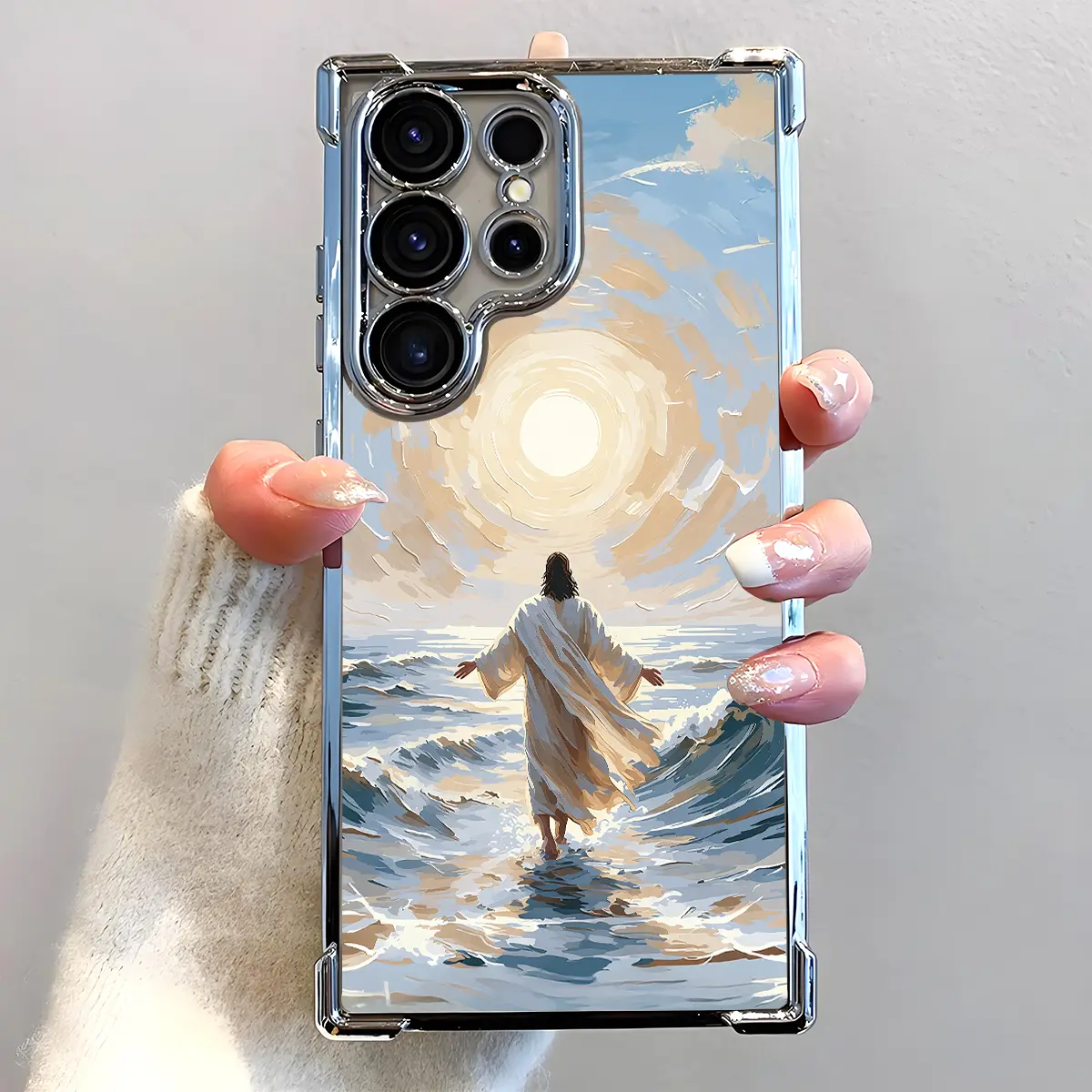 Jesus Walking on Water Aesthetics Smartphone Case - Electroplated Handheld Cellphone Casing with Airbag Shockproof Slim Soft TPU Cover for Samsung S26 S25 S24 S23 S22 Ultra S25Edge S24FE Plus S25+ Christian Faith Devices