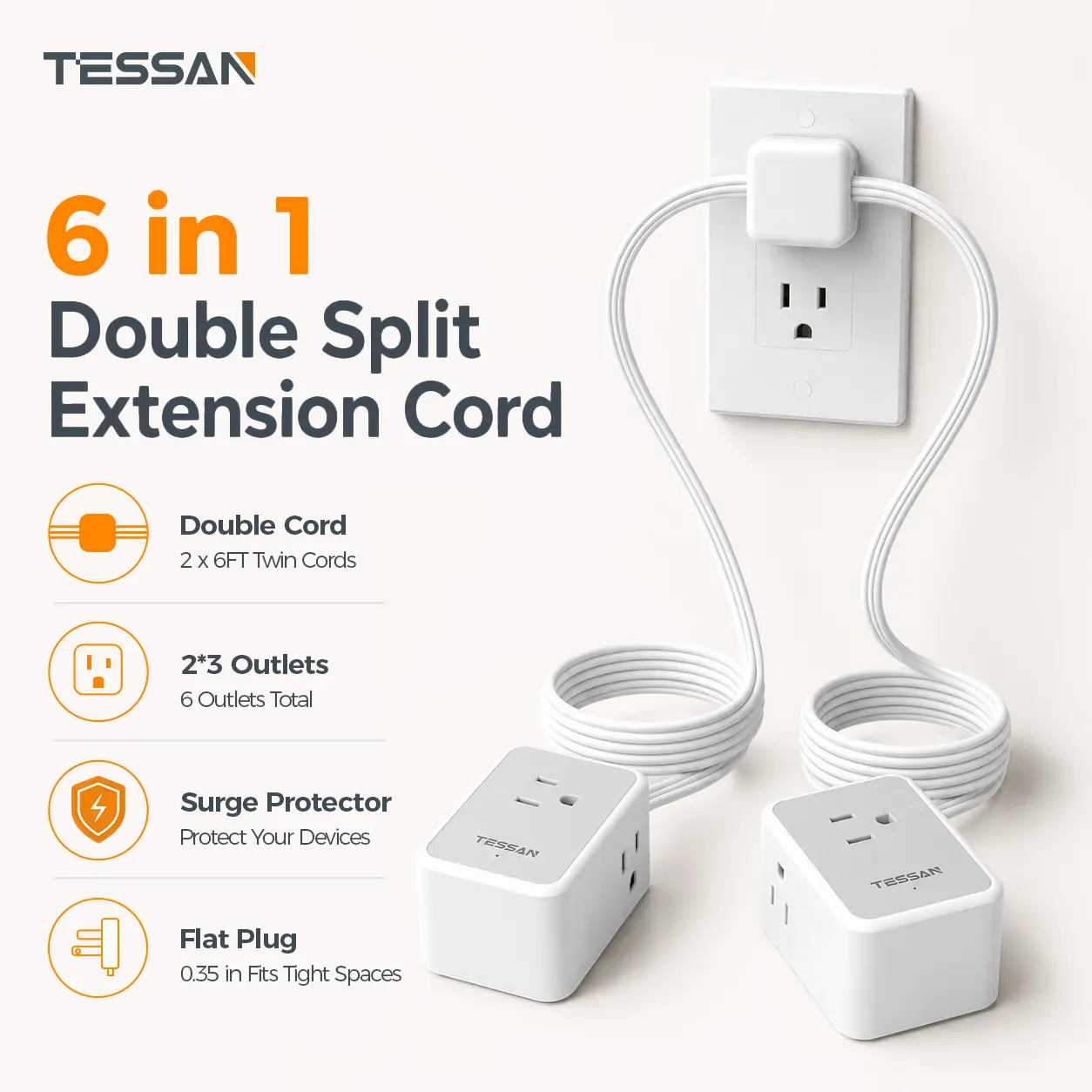 TESSAN Dual-Branch Power Strip with Flat Plug, 6 AC Outlets, 2 x 6 ft Extension Cords, Gray
