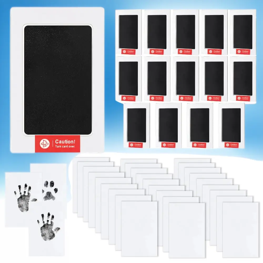 Reusable Inkless Hand & Footprint Kit - 15 Clean Touch Paper Crafts Ink Pads, Unisex Keepsake Cards for Baby Occasions, Pet Paw Impressions (Black)
