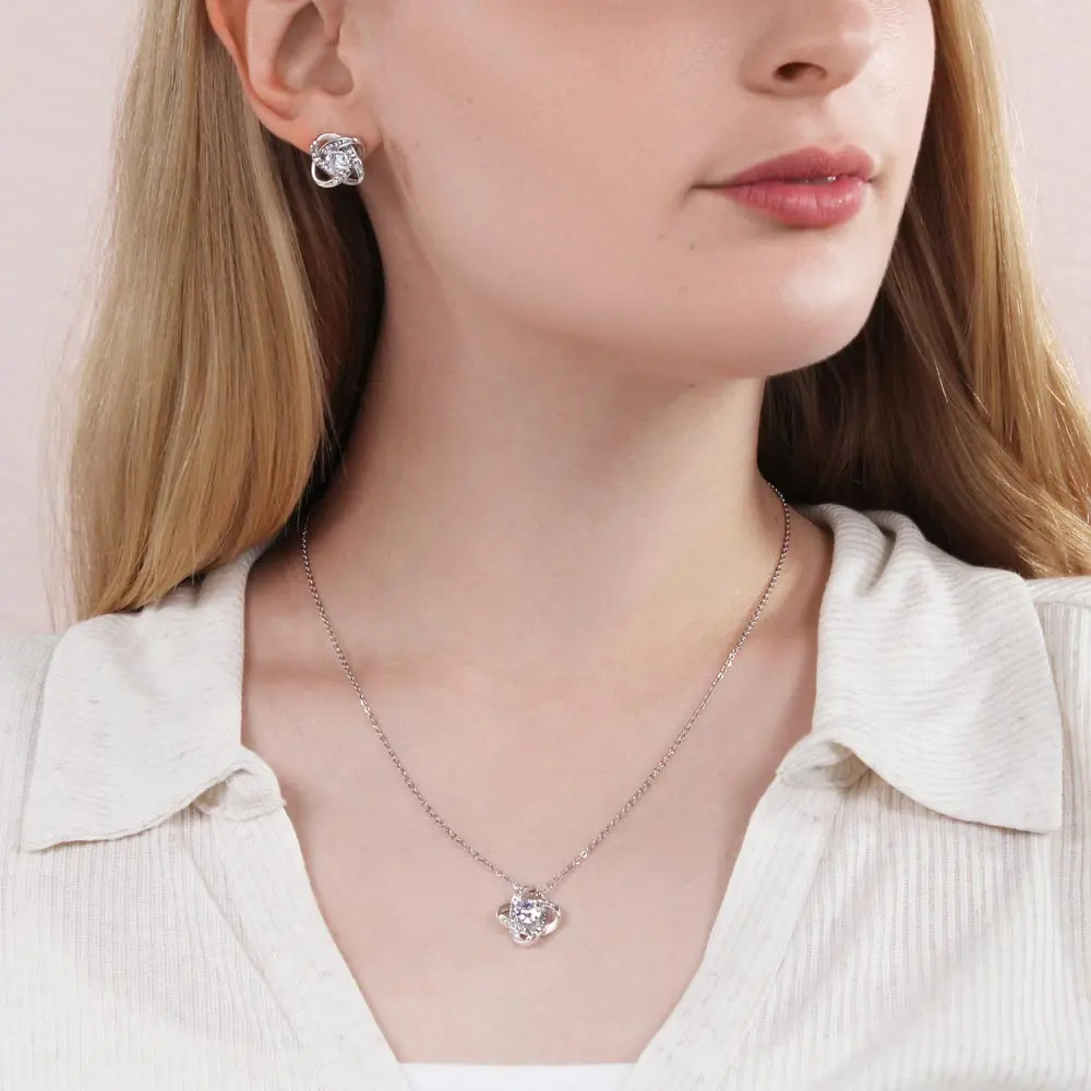 Women's 2-Piece Love Knot Necklace & Earring Set - Cubic Zirconia Sparkle Stones, Adjustable Chain, Gift-Ready for Symbolizing Love & Unbreakable Bonds