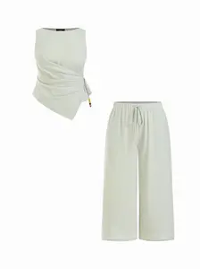 Cider Cotton-blend Boat Neck Striped Beaded Wrap Top & Mid Rise Wide Leg Trousers Set Curve & Plus