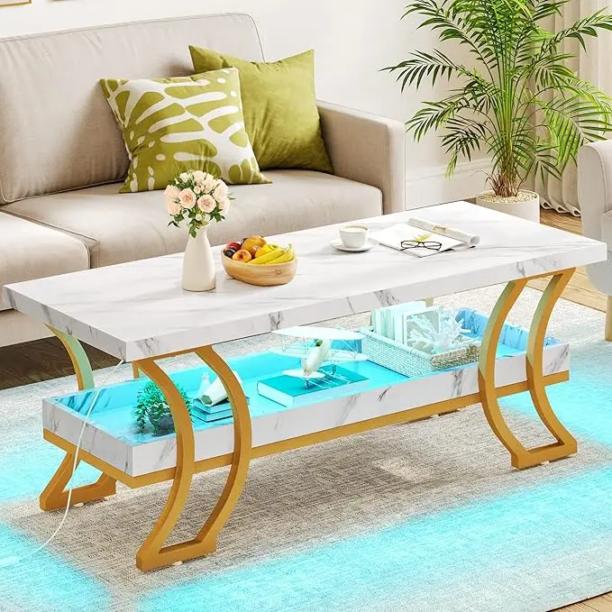 DWVO Rectangle Modern Coffee Table with LED light Wooden End Table for Living Room