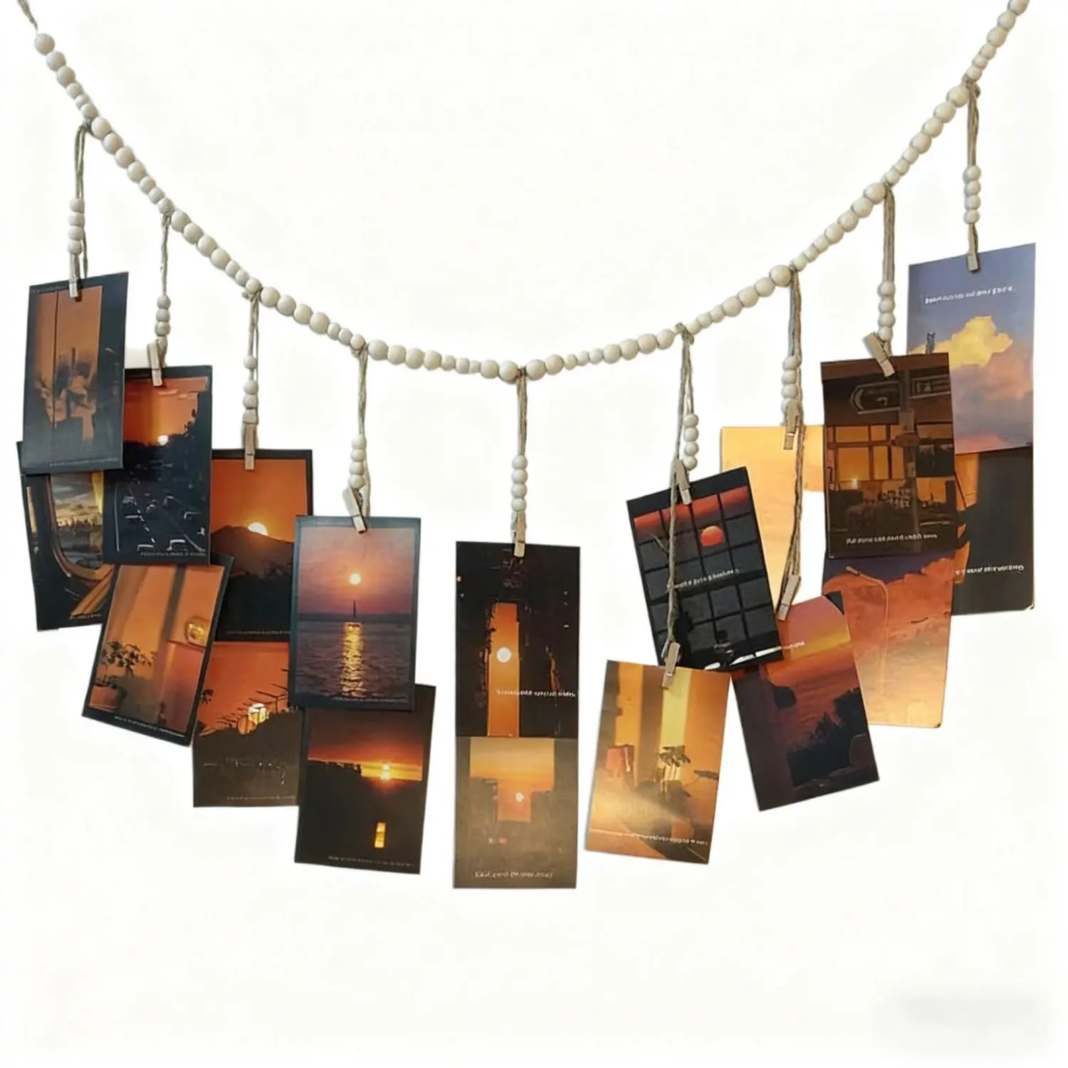 Boho Wood-Linen Hanging Photo Display - Indoor Recreation Interior Wall Decor, Bedroom-Dorm Memory Picture Organizer