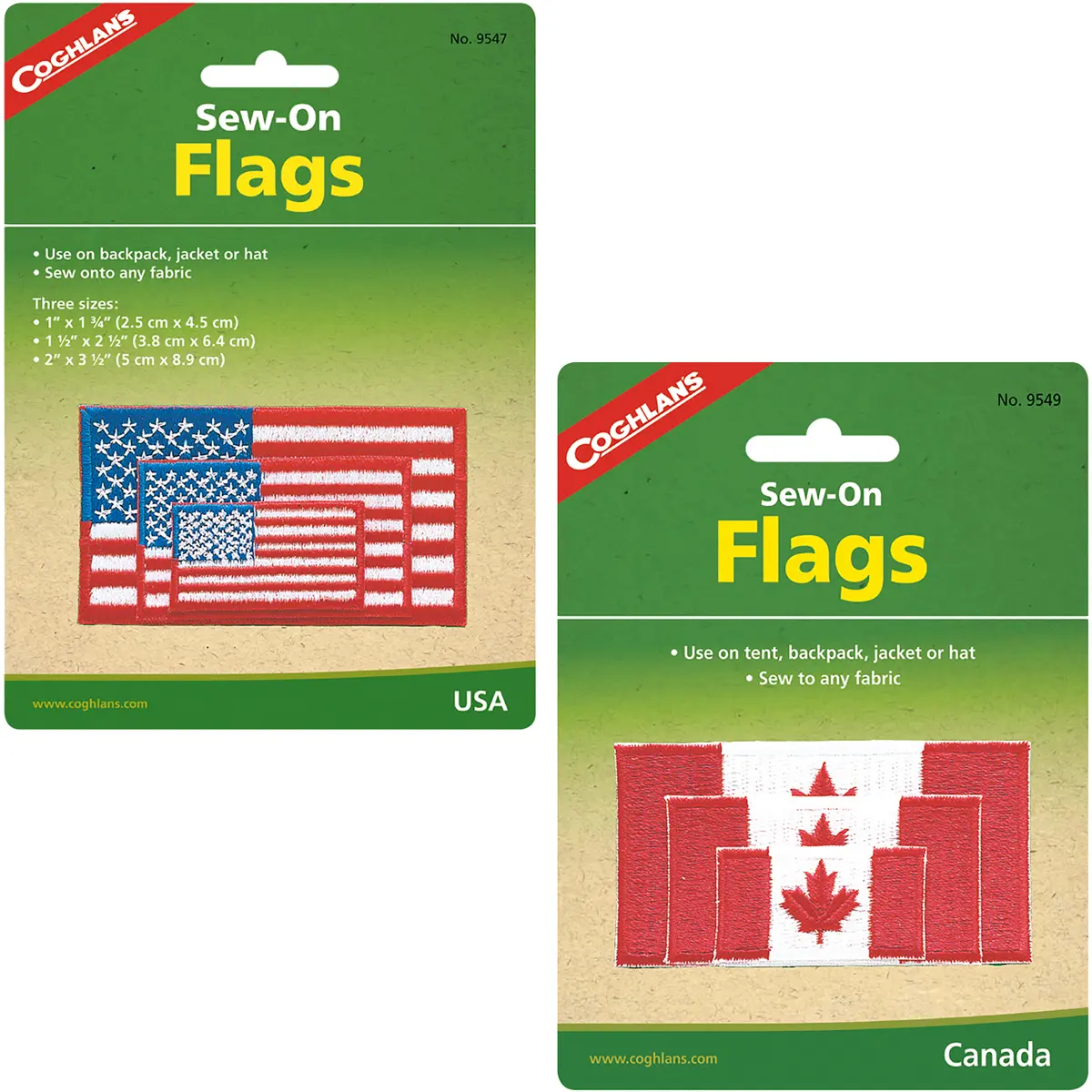 Coghlan's Sew-On Flags, 3-Pack Embroidered USA or Canadian Patches in 3 Sizes for Backpacks & Hats, Colorfast for Patriotic Occasions, 1" X 1.75", 1.5" X 2.5", Sew To Any Fabric, Usa Or Canadian Flags, Washable