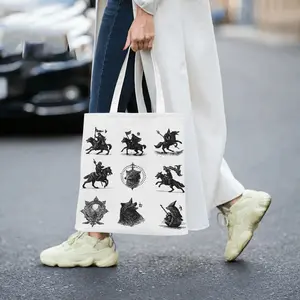 Vintage Myth Wolf Knight Series Canvas Tote Bag Medieval Dark Style Illustration Large Capacity Shoulder Bag Unisex Literary Handbag Outdoor Shopping Bag TrendyPrinted Casual Daily Bag
