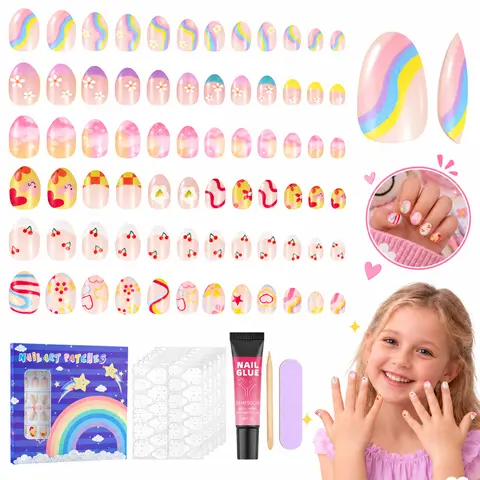 Kids 144PCS Hazard-Free Press-On Fake Nails Set - 6 Colorful Floral Almond Tips, Jelly Glue, Easy DIY Nail Care Manicure Kit for Kids Ages 4-12, Perfect Christmas For Girls