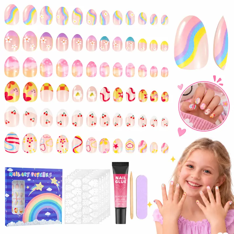 Kids 144PCS Hazard-Free Press-On Fake Nails Set - 6 Colorful Floral Almond Tips, Jelly Glue, Easy DIY Nail Care Manicure Kit for Kids Ages 4-12, Perfect Christmas For Girls