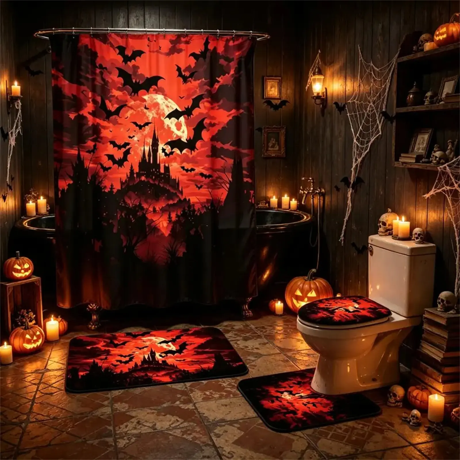 Red Moon Castle Bat Print Halloween 4-Piece Bathroom Set, Non-Slip Bath Mat, Toilet Lid Cover, 12 Hooks & Shower Curtain - Spooky Home Bathroom Decor