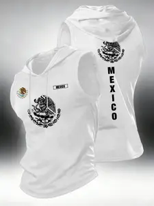 Men's Casual Hooded Sleeveless Vest, Menswear, Letter Graphic Mexico Eagle Print, Fashion Sporty Style, Daily Outdoor Wear, Versatile Top