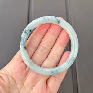 24037-RM Certified Untreated Grade A Jade Bracelet - Princess Round 52.5mm (Burmese Jadeite Bangle, White with Green Floral)