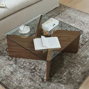 31.5" Glass Coffee Table, Modern Square Coffee Table with Tempered Glass Top, Square Center Tables for Small Space Living Room Office Apartment, Walnut