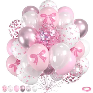 Pink Bow Latex Balloons, 60pcs Pink and White Balloons, Bow Printed Balloon Metallic Confetti Balloon For Girls Women Princess Birthday Shower Valentine's Day Party Engagement Wedding Anniversary