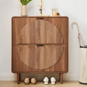 Giratree Modern Wooden Shoe Cabinet for Entryway, Slim 2-Tier Flip Drawers with Hidden Storage, Freestanding Narrow Shoe Organizer, Elegant Half-Moon Fluted Design, Perfect for Hallway or Small Apartments