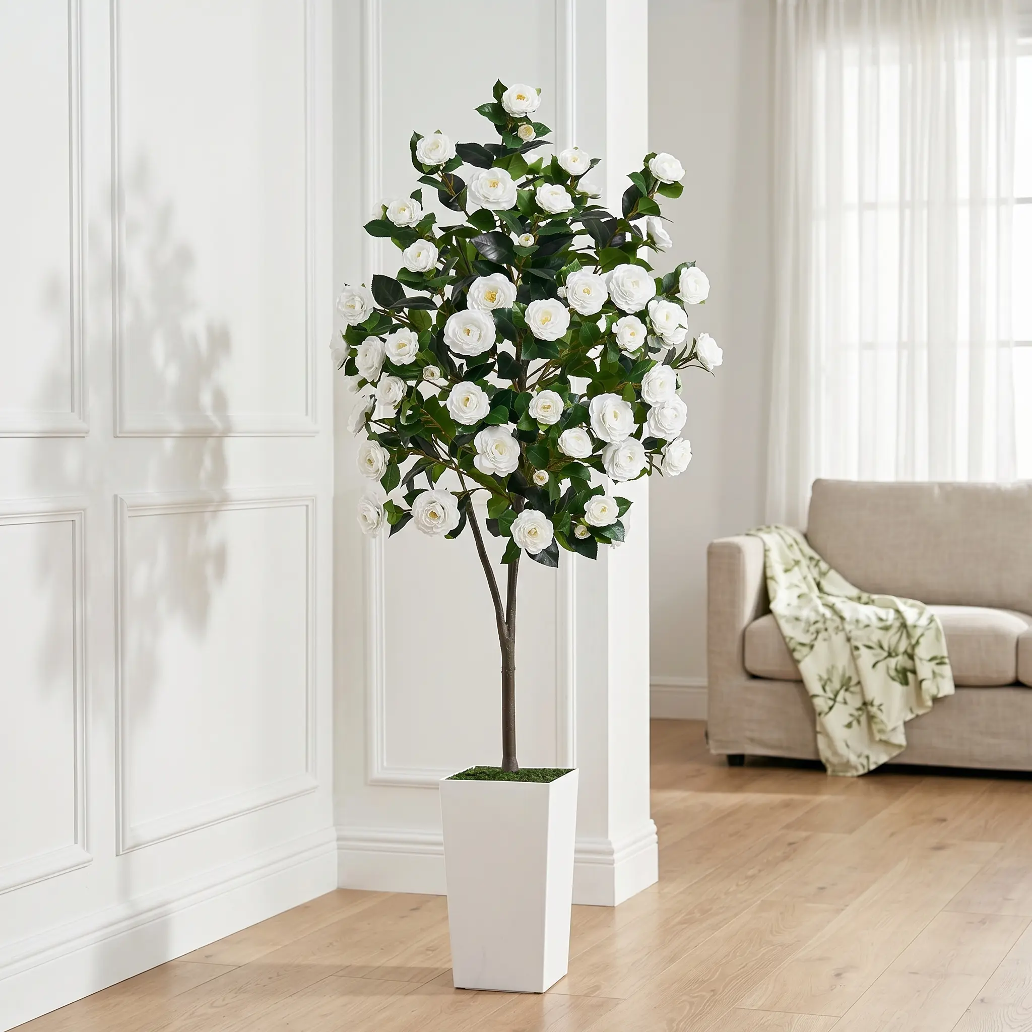 6FT Artificial White Camellia Tree, Lifelike Faux Blooming Flower Tree with White Square Planter, Tall Floor Potted Plant for Living Room Office Indoor Home Decor