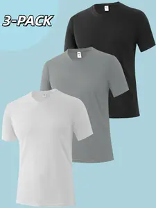 Men's Solid & Plaid Print Sports Tee, Breathable Comfortable Crew Neck Short Sleeve T-shirt for Daily Wear, Casual Men's Sportswear for All Seasons