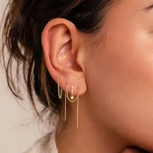 Tewiky Chain Earrings for Women Trendy Multiple Piercing Dainty CZ Stud Cartilage Hypoallergenic Chain Dangle Earring Jewelry Gifts for Christmas 2024 Ornament For Valentine's Day Earcuff Gold Plated Hoop