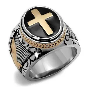 Edwin Earls Men's Black & Rose Gold Stainless Steel Christian Cross Faith Ring