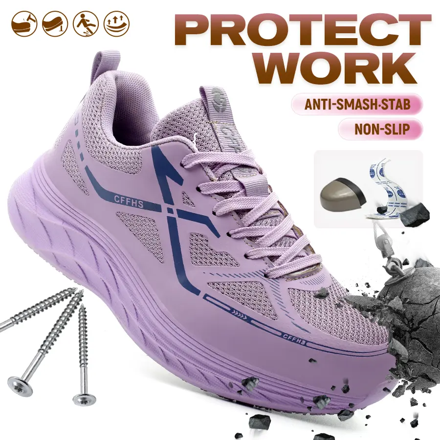 Women's Low Top Round Head Walking Shoes, Steel Toe Safety Work Footwear, Lightweight Non-Slip Puncture-Proof Sneakers