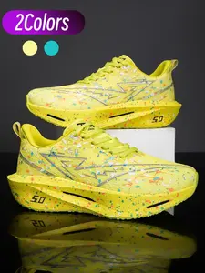 Unisex Night Glow Starry Print Running Shoes Dual-Color Gradient Design Popcorn Carbon Plate Breathable Knit Sneakers