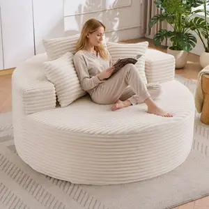 Modern minimalist fabric round single sofa for small apartments, corduroy armchair, balcony lounge chair, chaise lounge.