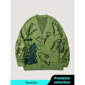 Men’s cartoon dinosaur print cardigan with front button closure and pockets, loose casual off-shoulder long-sleeve V-neck knit sweater for spring and autumn, fashionable men’s knit sweater for everyday wear, cartoon print sweater GARMENTARY