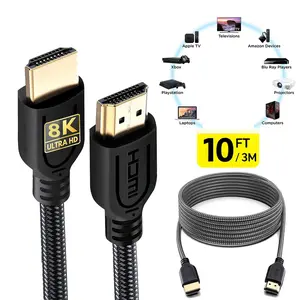 4K HDMI 2.0 & 8K HDMI 2.1 Cable 10ft Braided Nylon Gold Connectors Supports 4K@120Hz 8K@60Hz Ultra-HD ARC CL3 Standards for Laptops Monitors PS5 PS4 XboxOne FireTV Game Handle