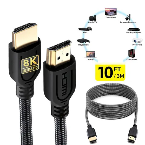 4K HDMI 2.0 & 8K HDMI 2.1 Cable 10ft Braided Nylon Gold Connectors Supports 4K@120Hz 8K@60Hz Ultra-HD ARC CL3 Standards for Laptops Monitors PS5 PS4 XboxOne FireTV Game Handle