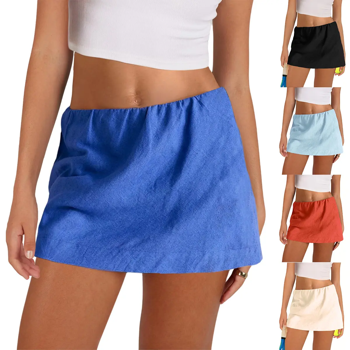 JovenPara Womens Cotton Linen Skorts Low Waist Mini Skirts with Ruffle Inner Waistband Side Split Y2k Casual Cute A-Line Outfits Y2k