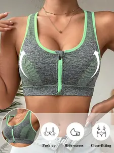 Women's Plus Size Front Zip Sports Bra, High Impact Push Up Wireless Bra, Breathable Mesh Racerback Workout Yoga Bra for Gym Fitness Running