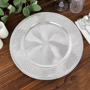 6-Pack Acrylic Charger Plates 13" Round Metallic Silver Swirl Pattern with Beaded Rim - Plastic Decorative Dinner Party Charger Tableware