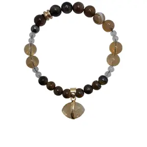 Gemini Energy Alignment Bracelet with Coffee Agate Citrine Moonstone Tiger’s Eye & Citrine Charm for Calming Mind Sparking Creativity and Energy Alignment