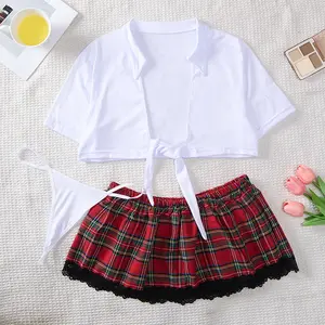 [BAOCHENHUASHOP]3-piece underwear set, white short camisole top, red plaid skirt, black lace sports swim underwear, suitable for daily beach