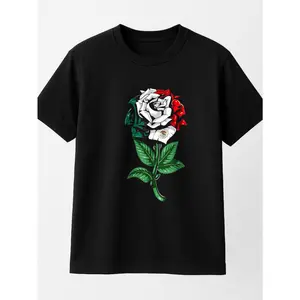 Women's Regular Short-Sleeve Crew Neck Soft Cotton Solid Floral Rose Black T-Shirt - Unisex Casual Summer Layer, Comfortable Breathable, Made In USA, Versatile Outfit Option