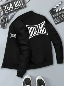Men's Boxing Logo Print Zipper Jacket, Casual Stand Collar, Polyester Fiber, Spring & Fall, Sporty Versatile, Ribbed Cuffs and Hem