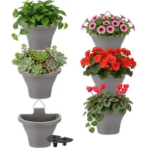 6 count Vertical  Planters for Outdoor  - Wall  Holder for Indoor Decorations Garden Fence, Plastic Flower Pots with Drainage Grid and Hooks (Gray)