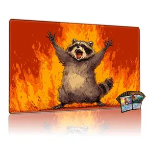 Stylized Cartoon Raccoon Fire Scene MTG Playmat - 12x24in Non-Slip Gaming Mouse Pads TCG Playmat, Ideal for Family Game Night & Party Card Games, Gaming Mousepad, Perfect Gift for Card Game Enthusiasts