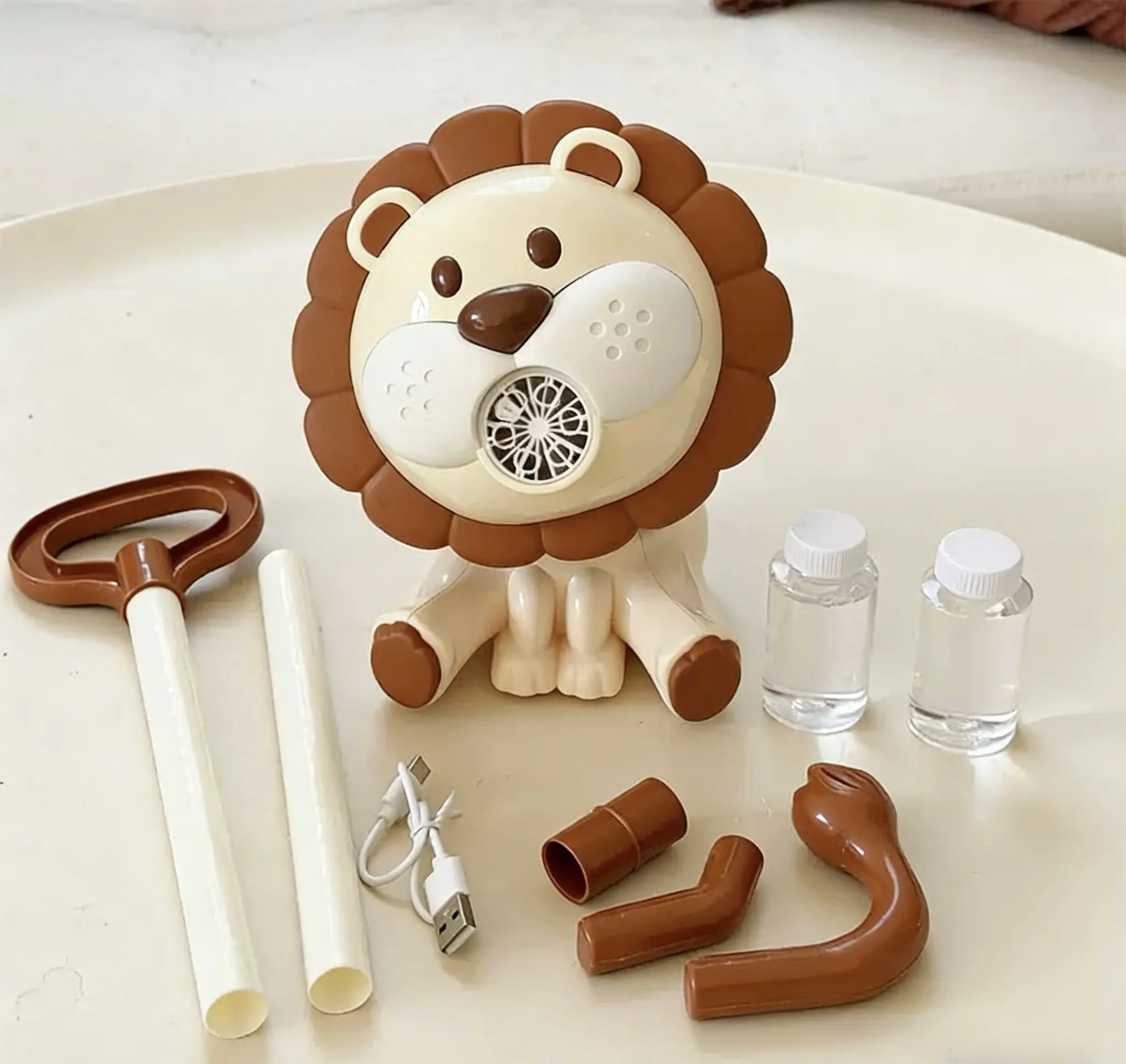 2-in-1 Lion Bubble Push Cart Toy for Toddlers 3+ Years Old - Shake Head to Blow Bubbles, Built-in Rechargeable 1.85Wh ABS Battery, Outdoor Summer Birthday Gift