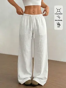Women's White 4-Way Stretch Wide Leg Pants, Drawstring High Waist Linen Feel Baggy Trousers, Casual Loungewear for Daily Wear #tiktokmademebuyit