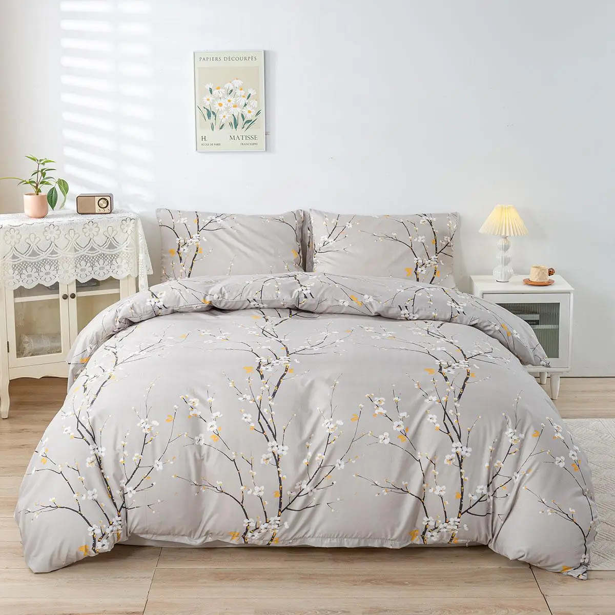 Branch Print Duvet Cover & Pillowcase Set Without Filler, 3pcs Soft Comfortable Bedding Set, Modern Bedding Set For Bedroom, Cozy Room Accessories, Be