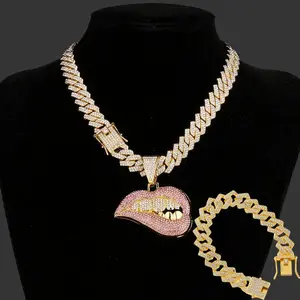 Pink Lips Pendant Necklace and Cuban Bracelet Set - Fashion Pendant Fashion Jewelry Set with Cuban Chain, Perfect Holiday Gift for Men and Women - Very Versatile